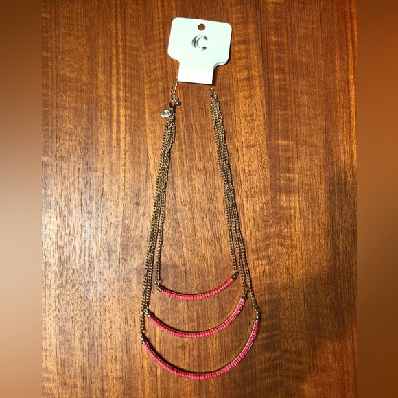 NWT Charming Charlie Gold Layered Coral Bead Bar Necklace - Picture 3 of 6